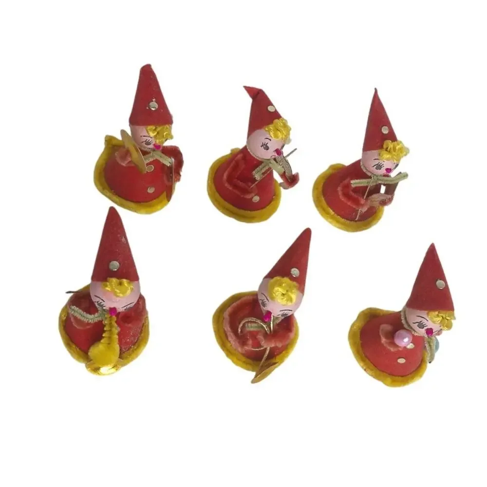 Vintage Shiny Brite Christmas Pixie Band Musical Ornaments Japan Elf Set Of 6